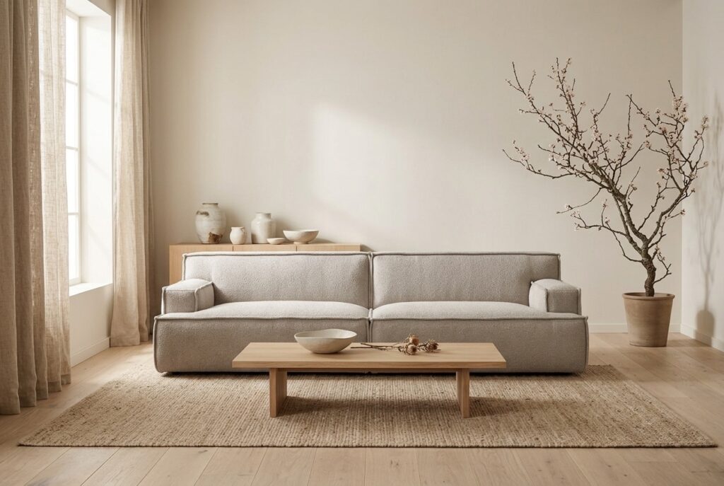3-zitsbank Barletta in een japandi interieur: 3-zitsbank in beige