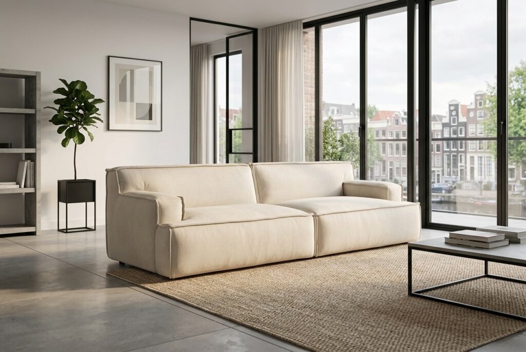 3-zitsbank Barletta in een modern interieur: 3-zitsbank in beige