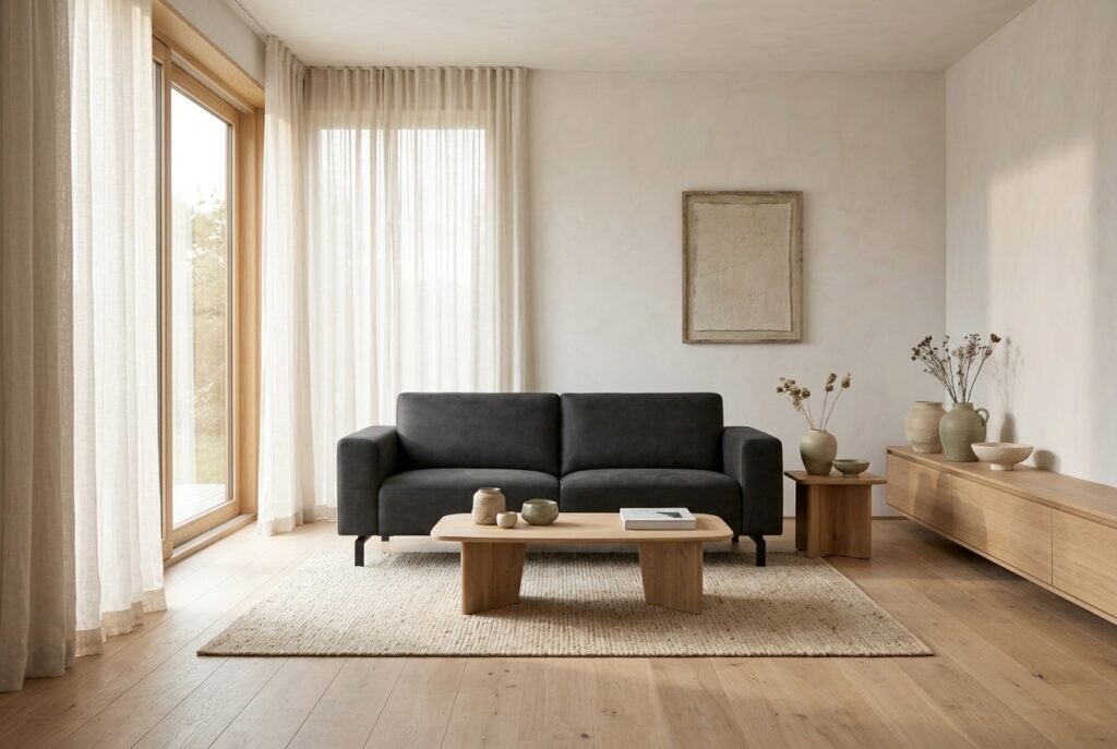3-zitsbank Visby Bull Graphite in een japandi interieur: 3-zitsbank in zwart