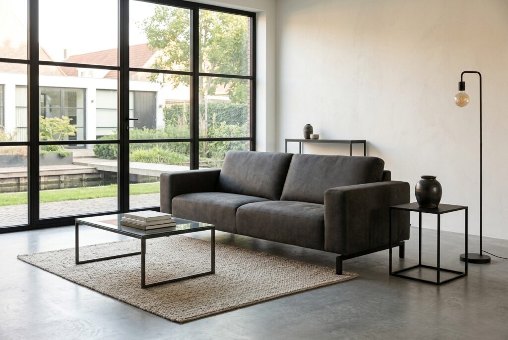 3-zitsbank Visby Bull Graphite in een modern interieur: 3-zitsbank in zwart
