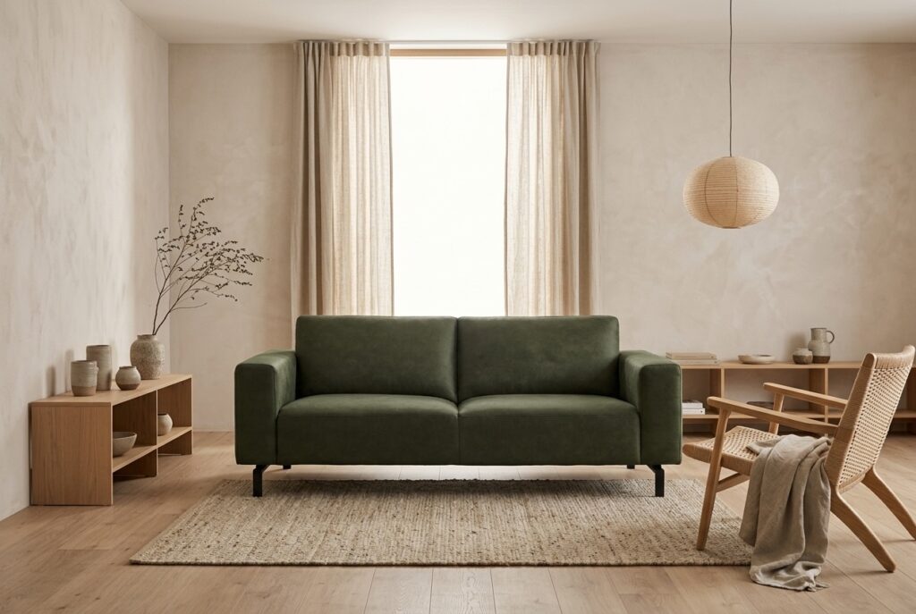 3-zitsbank Visby Bull Hunter in een japandi interieur: 3-zitsbank in groen