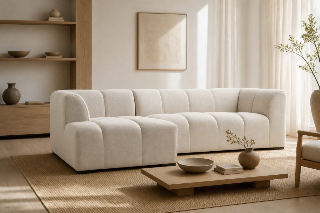 ALLESE bank met chaise longue beige in een japandi interieur: chaise longue in beige