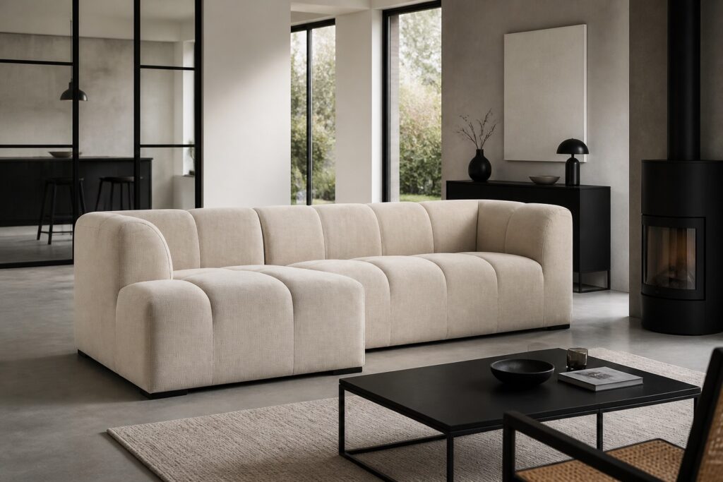 ALLESE bank met chaise longue beige in een modern interieur: chaise longue in beige
