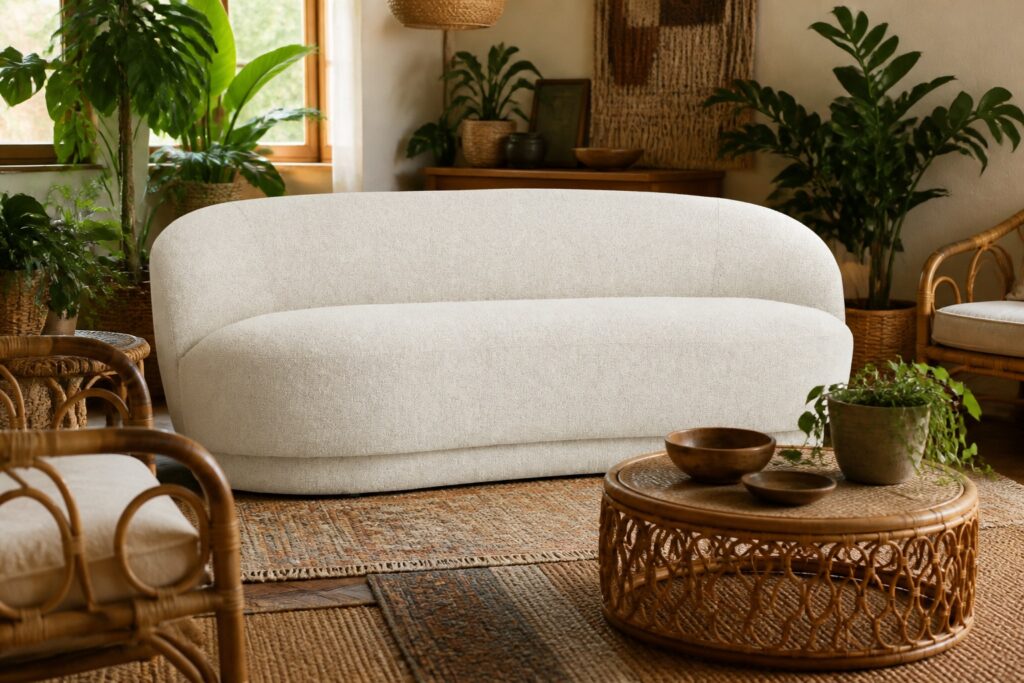 ANDRUP 3-zitsbank ovaal beige in een bohemien interieur: 3-zitsbank in beige