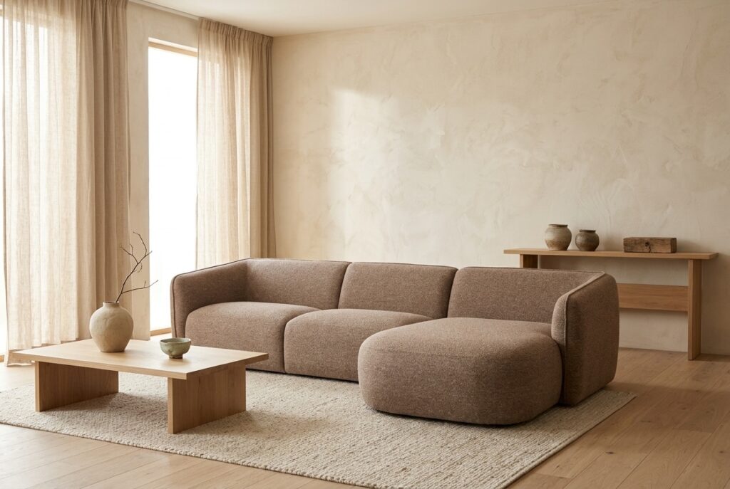 Bank Ardore in een japandi interieur: chaise longue in bruin