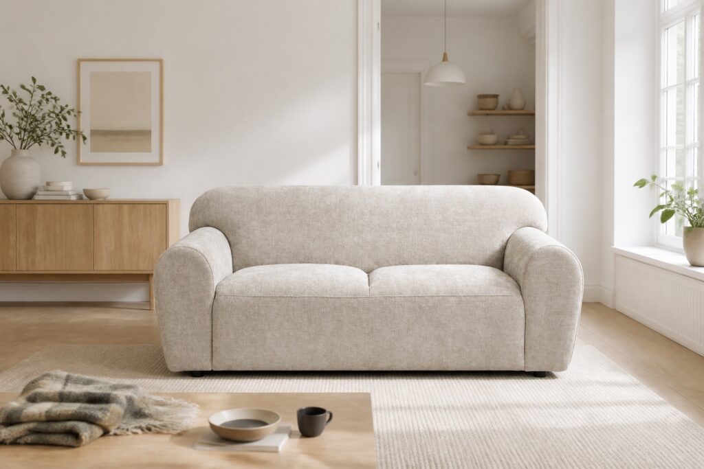 Bank Bibi 2-zits stof Glory beige in een licht scandinavisch interieur: 2-zitsbank in beige