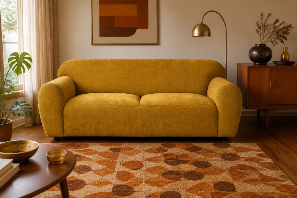 Bank Bibi 3-zits stof Glory okergeel in een retro interieur: 3-zitsbank in geel