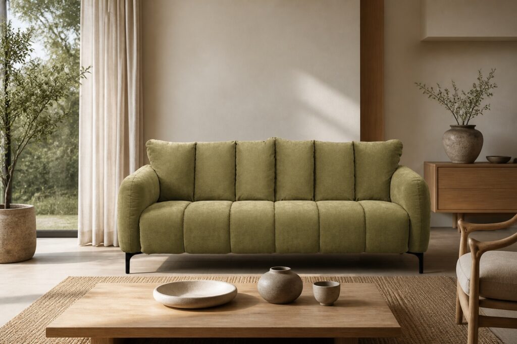 Bank Esmee 3-zits stof Maloy groen in een japandi interieur: 3-zitsbank in groen