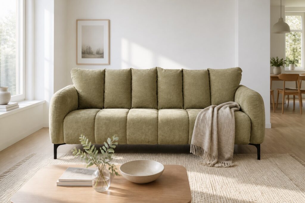 Bank Esmee 3-zits stof Maloy groen in een licht scandinavisch interieur: 3-zitsbank in groen