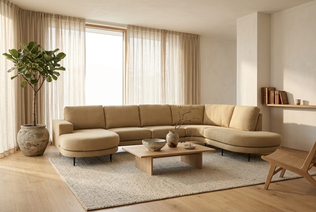 Bank Jelsi in een japandi interieur: hoekbank in geel