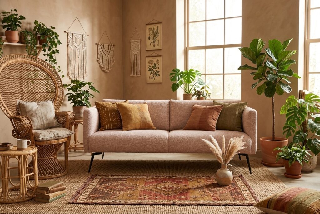 Bank Lund in een bohemien interieur: 2-zitsbank in roze