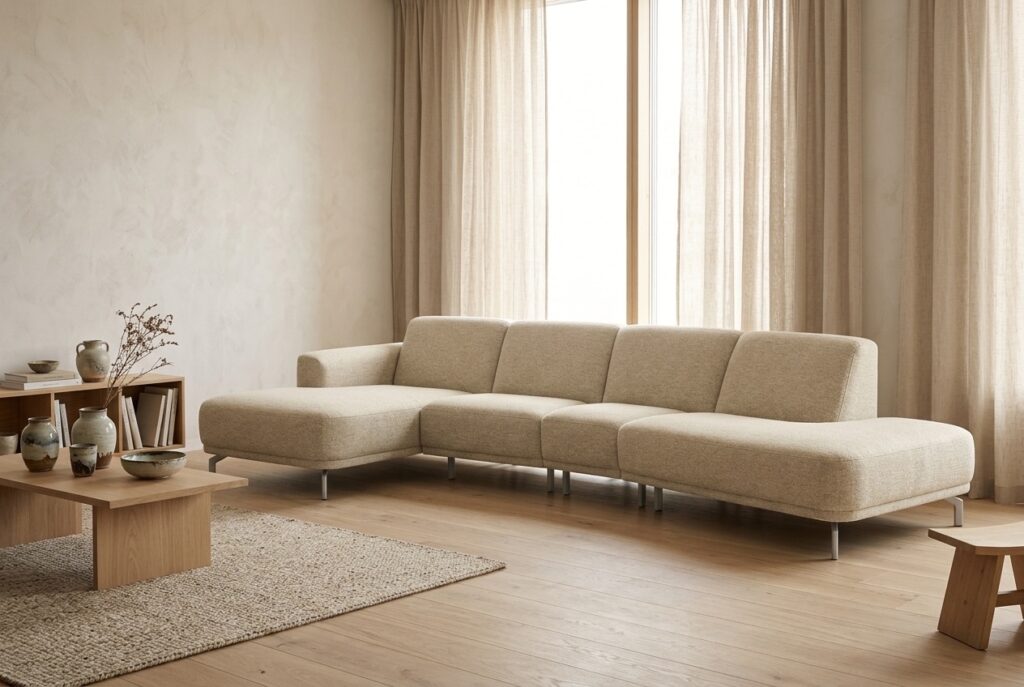 Bank Mia in een japandi interieur: chaise longue in beige
