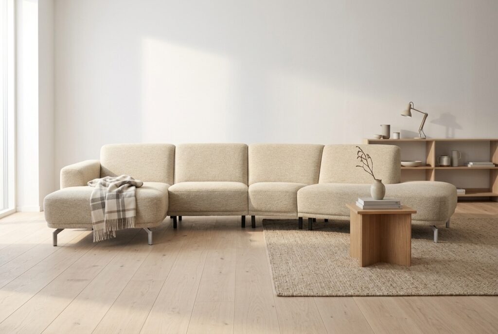 Bank Mia in een licht scandinavisch interieur: chaise longue in beige