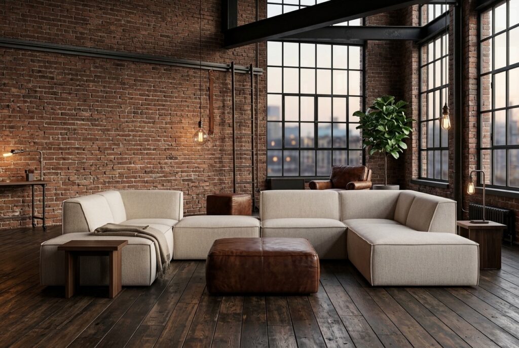 Bank Quebec in een industrieel interieur: hoekbank in beige