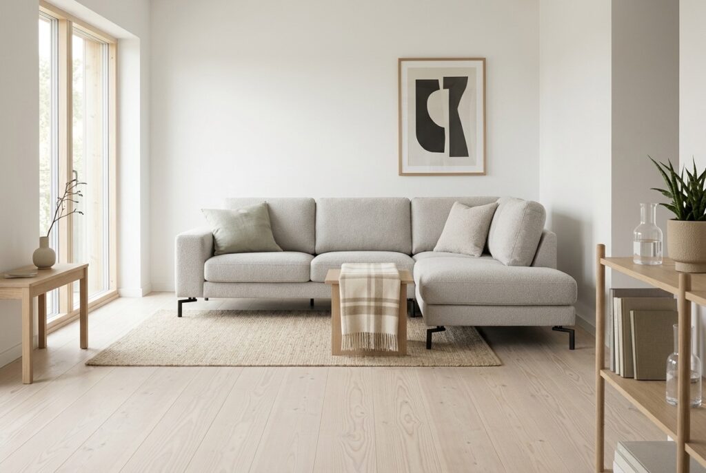 Bank Silvan in een licht scandinavisch interieur: hoekbank in wit