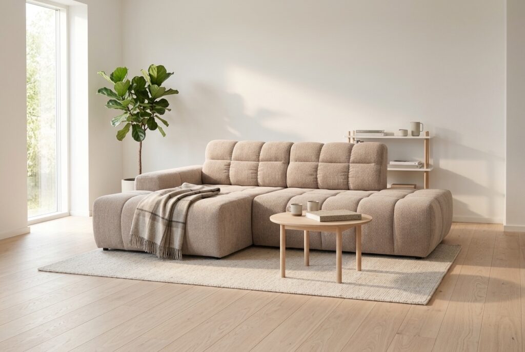 Bolano loungebank in een licht scandinavisch interieur: hoekbank in beige