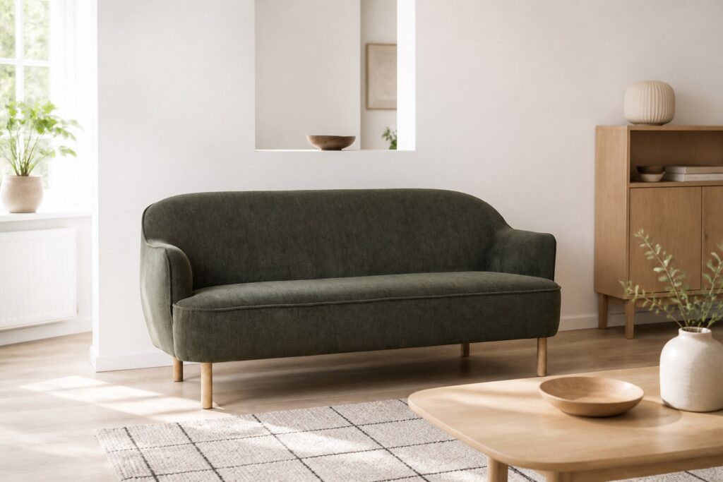 BREDAL 2,5-zitsbank olijfgroen in een licht scandinavisch interieur: 2-zitsbank in groen