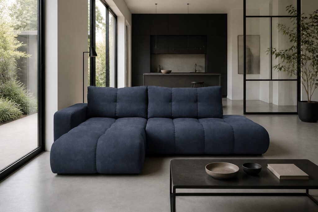 by fonQ Charme hoekbank met slaapfunctie marineblauw in een modern interieur: slaapbank in blauw
