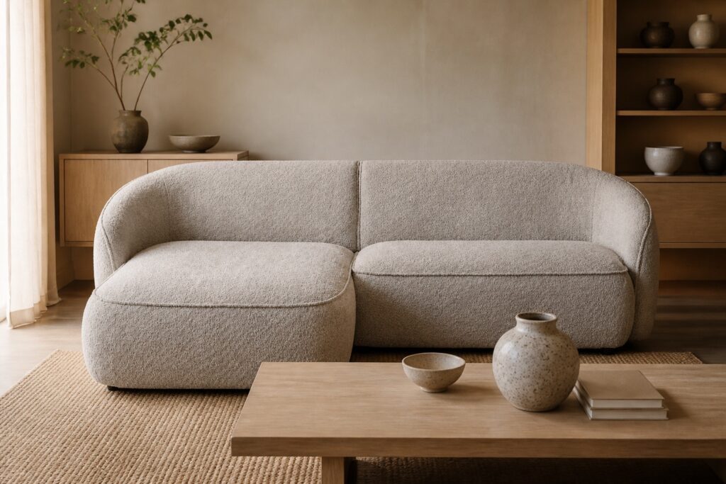 by fonQ Chubby hoekbank bouclé greige in een japandi interieur: hoekbank in grijs