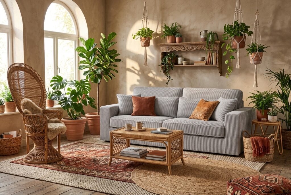 California 3-zitsbank ribstof grijs in een bohemien interieur: 3-zitsbank in grijs