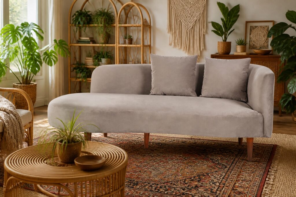 Chaumont chaise longue taupe fluweel in een bohemien interieur: chaise longue in beige