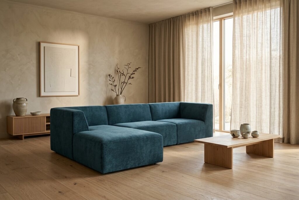 Dane, modulaire 3,5-zitsbank met hocker Danny Dusty Blue in een japandi interieur: 3-zitsbank in blauw