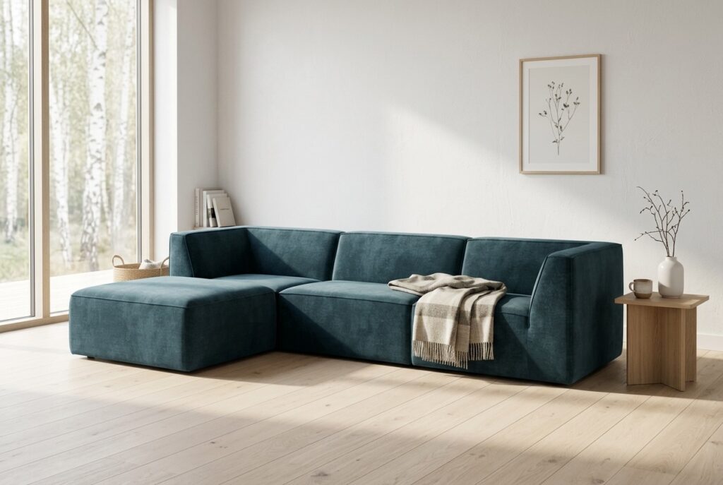 Dane, modulaire 3,5-zitsbank met hocker Danny Dusty Blue in een licht scandinavisch interieur: 3-zitsbank in blauw