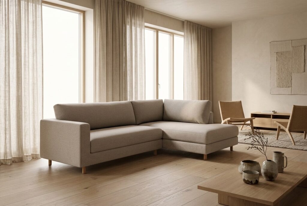 Douglas, Hoekbank rechts Agnes Brown in een japandi interieur: hoekbank in beige
