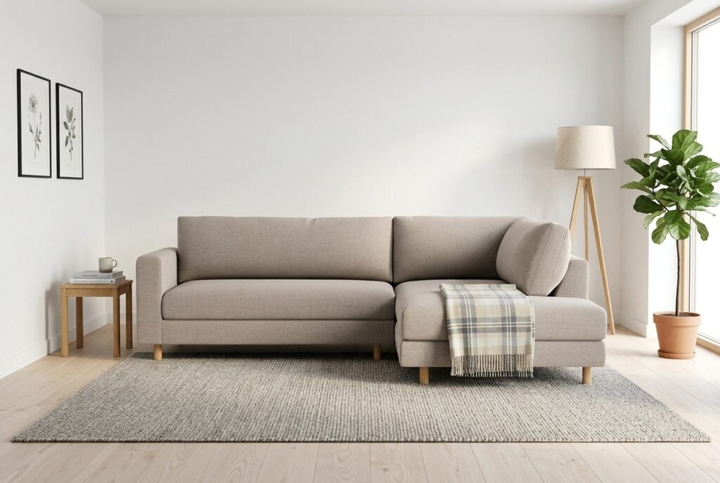 Douglas, Hoekbank rechts Agnes Brown in een licht scandinavisch interieur: hoekbank in beige