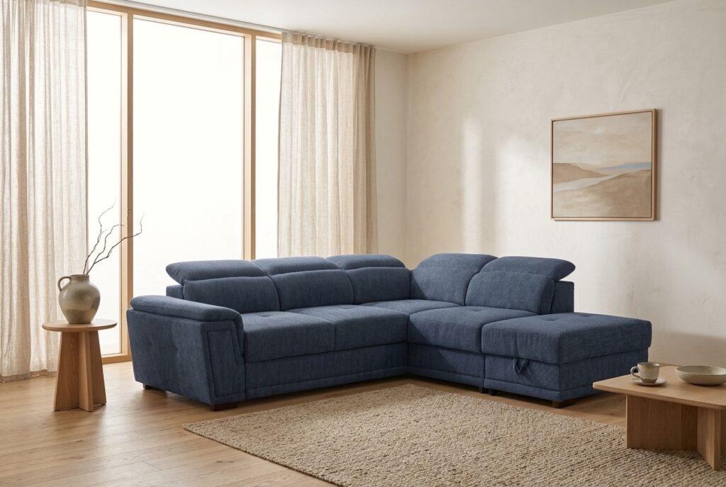 Edge hoekbank blauw in een japandi interieur: hoekbank in blauw