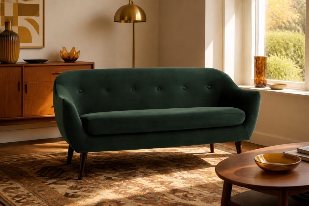 EGEDAL 2,5-zitsbank fluweel groen in een retro interieur: 2-zitsbank in groen