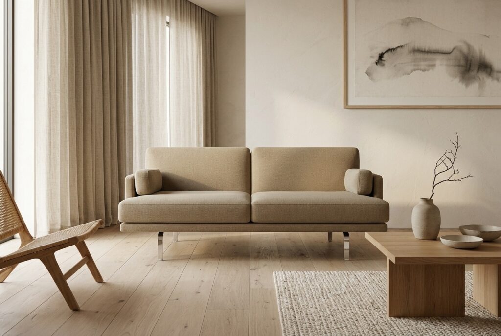 Ernest, 2-zitsbank Moonlight Lark in een japandi interieur: 2-zitsbank in beige
