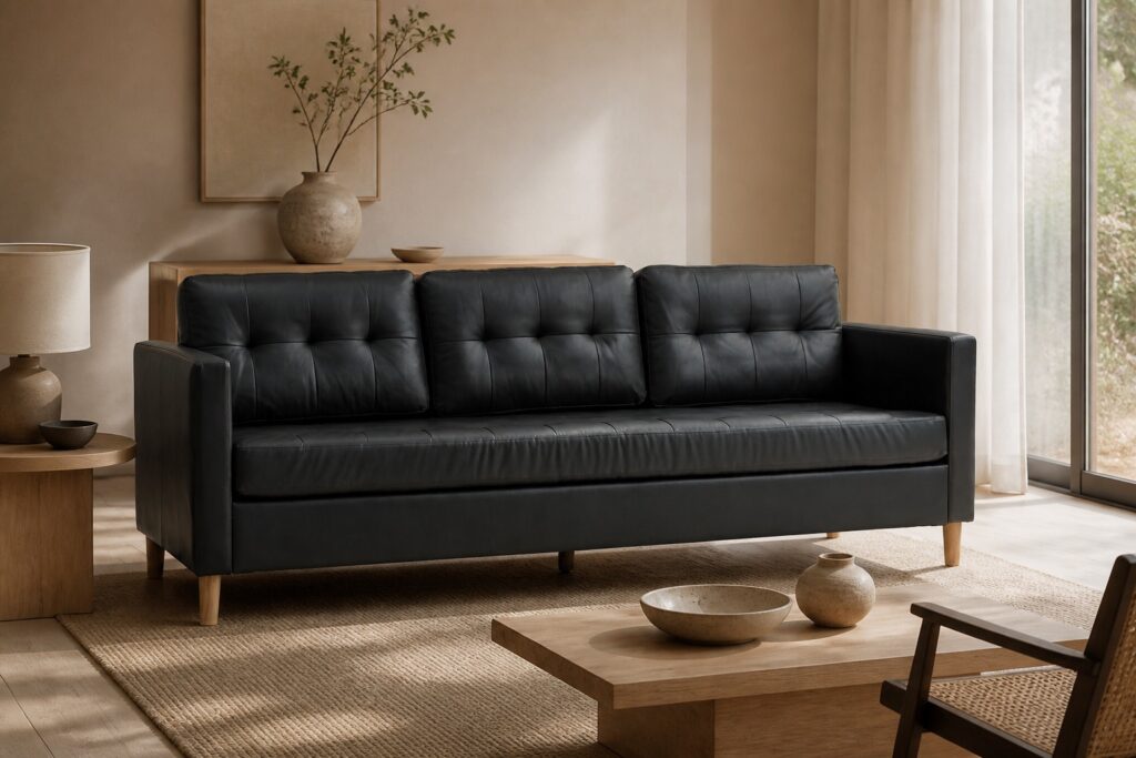 FALSLEV 3-zitsbank zwart kunstleer in een japandi interieur: 3-zitsbank in zwart