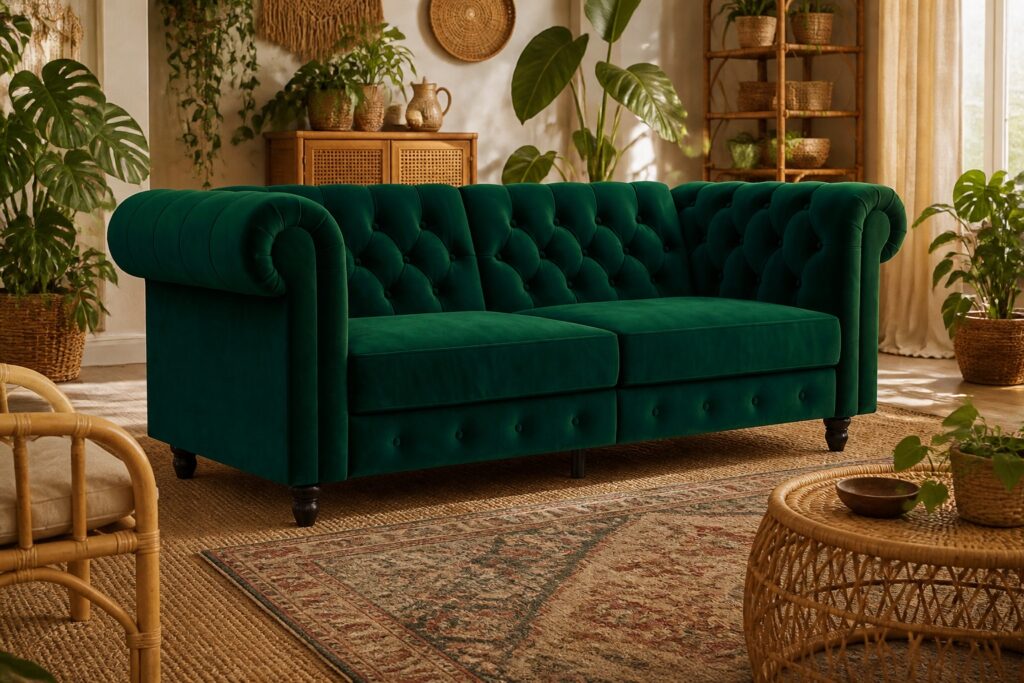 Felix 3-zits slaapbank donkergroen in een bohemien interieur: slaapbank in groen