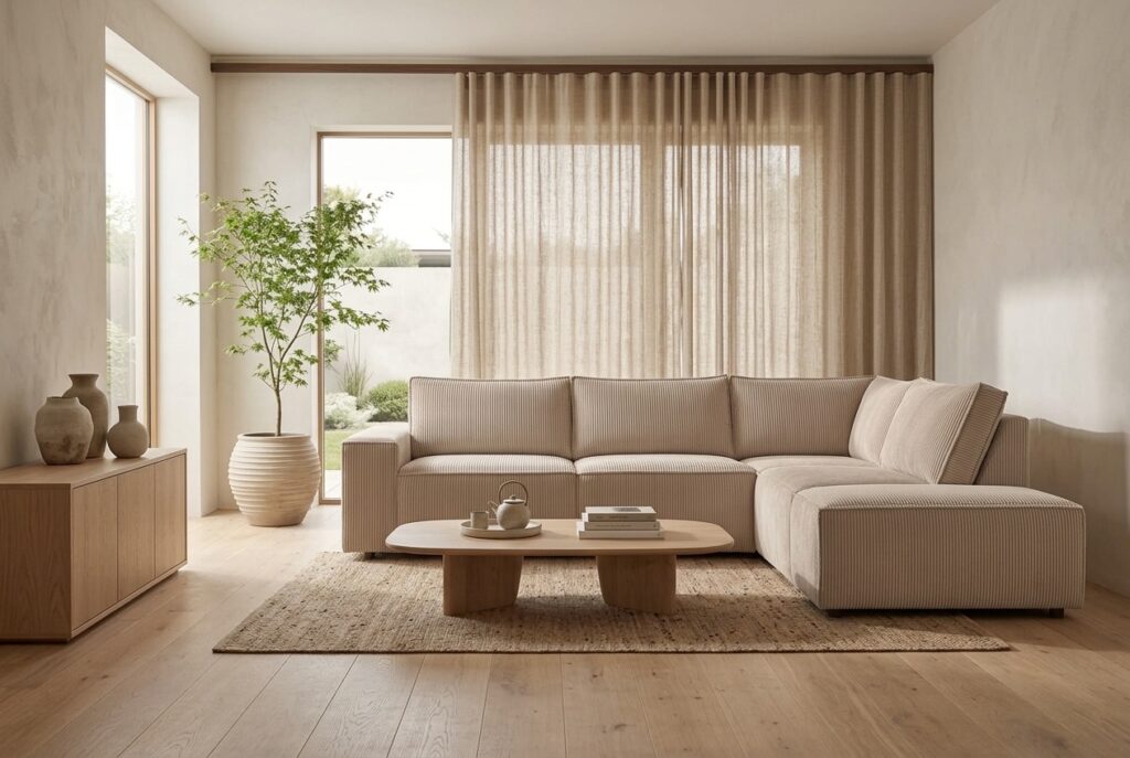 Gio hoekbank ribstof beige in een japandi interieur: hoekbank in beige