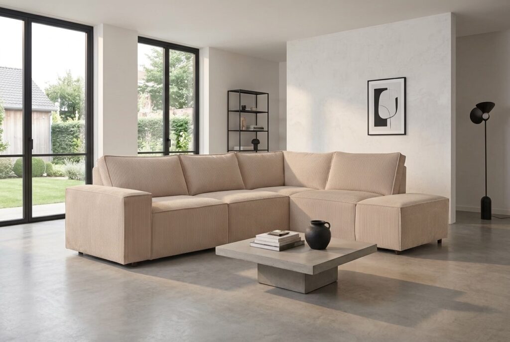 Gio hoekbank ribstof beige in een modern interieur: hoekbank in beige
