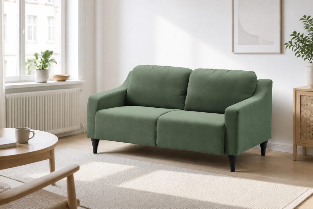 GULLVALLA 2-zitsbank Silkeryd grijsgroen in een licht scandinavisch interieur: 2-zitsbank in groen