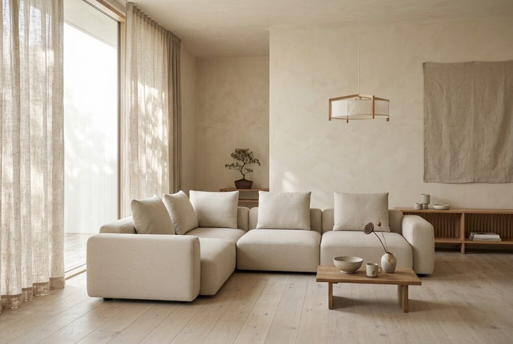 Hailey, modulaire hoekbank, links Nola Sand in een japandi interieur: hoekbank in beige