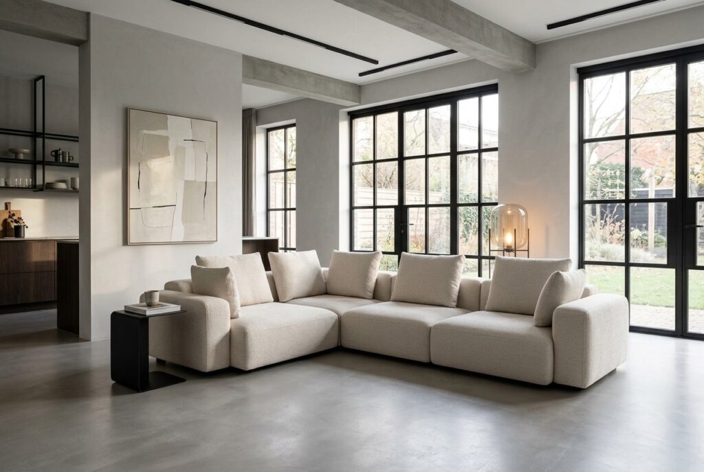 Hailey, modulaire hoekbank, links Nola Sand in een modern interieur: hoekbank in beige