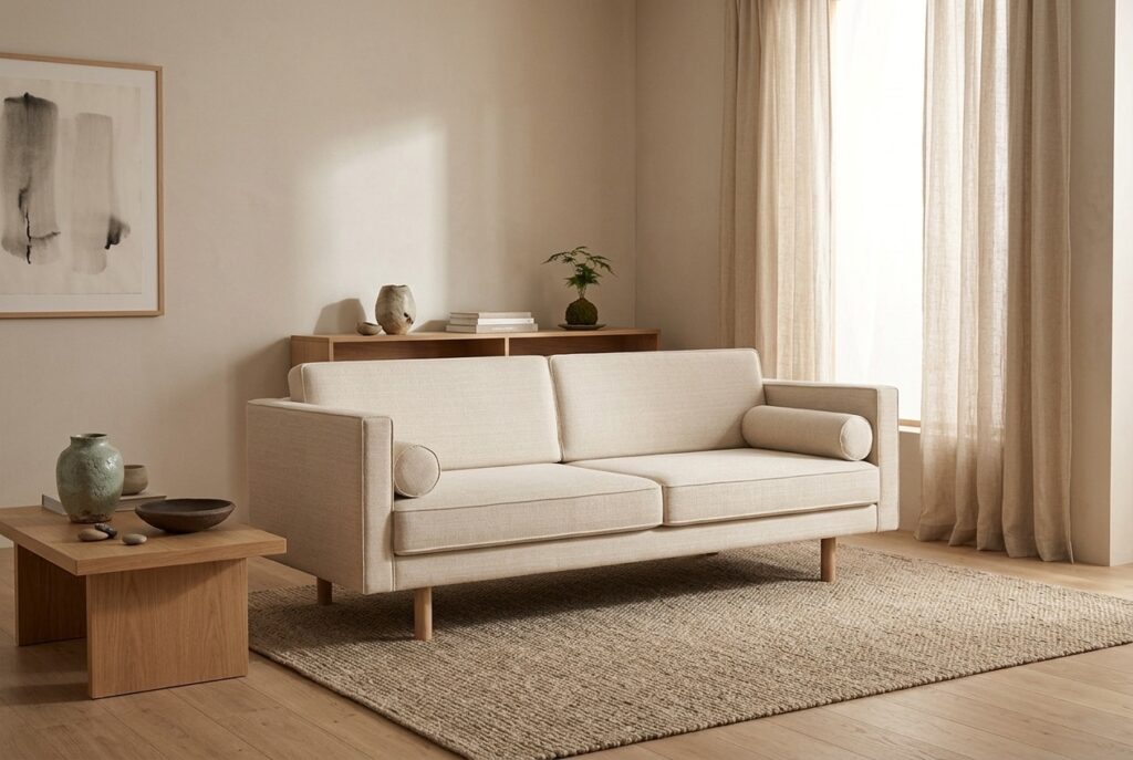 Henry, 3-zitsbank Vega Cream in een japandi interieur: 3-zitsbank in wit