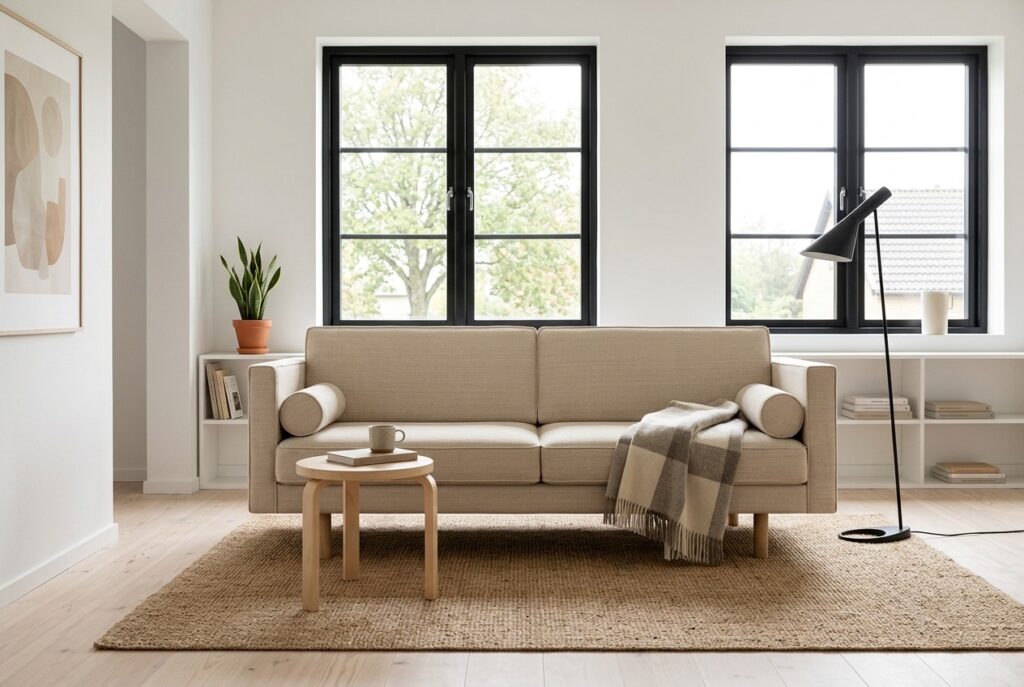 Henry, 3-zitsbank Vega Cream in een licht scandinavisch interieur: 3-zitsbank in wit