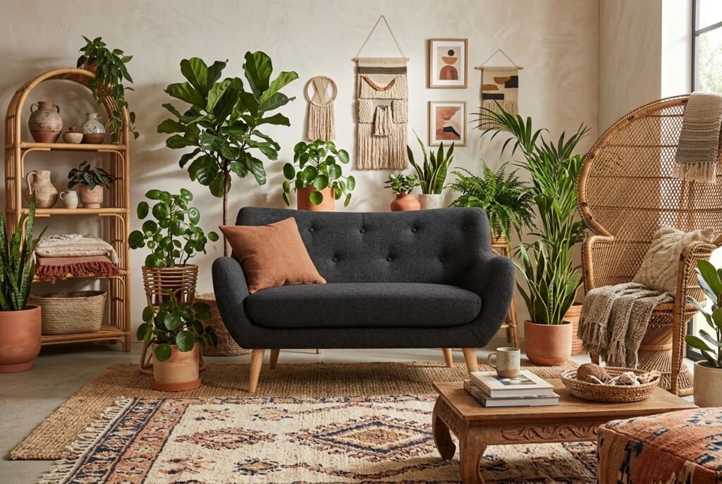 Herman, 2-zitsbank Agnes Antracit in een bohemien interieur: 2-zitsbank in grijs