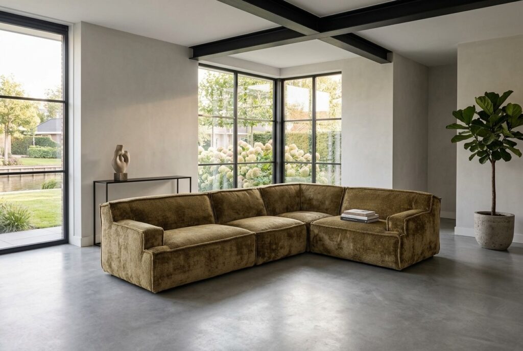 Hoekbank Barletta Levis Army rechts in een modern interieur: hoekbank in groen