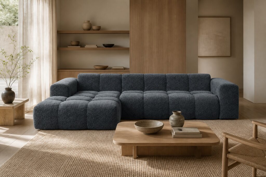 Hoekbank Beau Raven donkerblauw in een japandi interieur: hoekbank in blauw