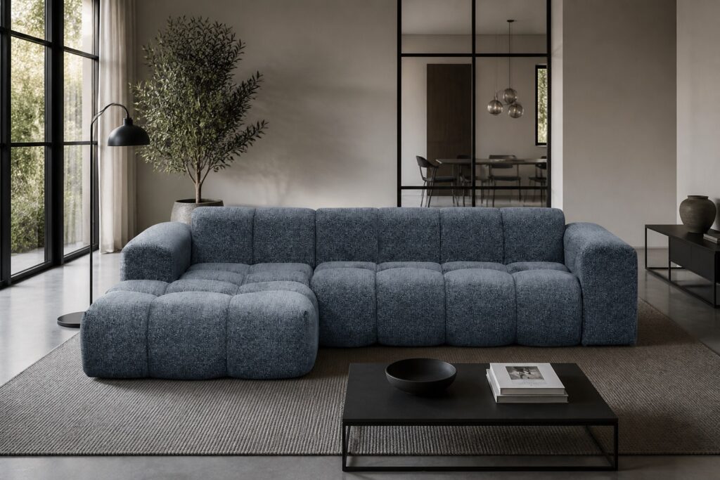 Hoekbank Beau Raven donkerblauw in een modern interieur: hoekbank in blauw