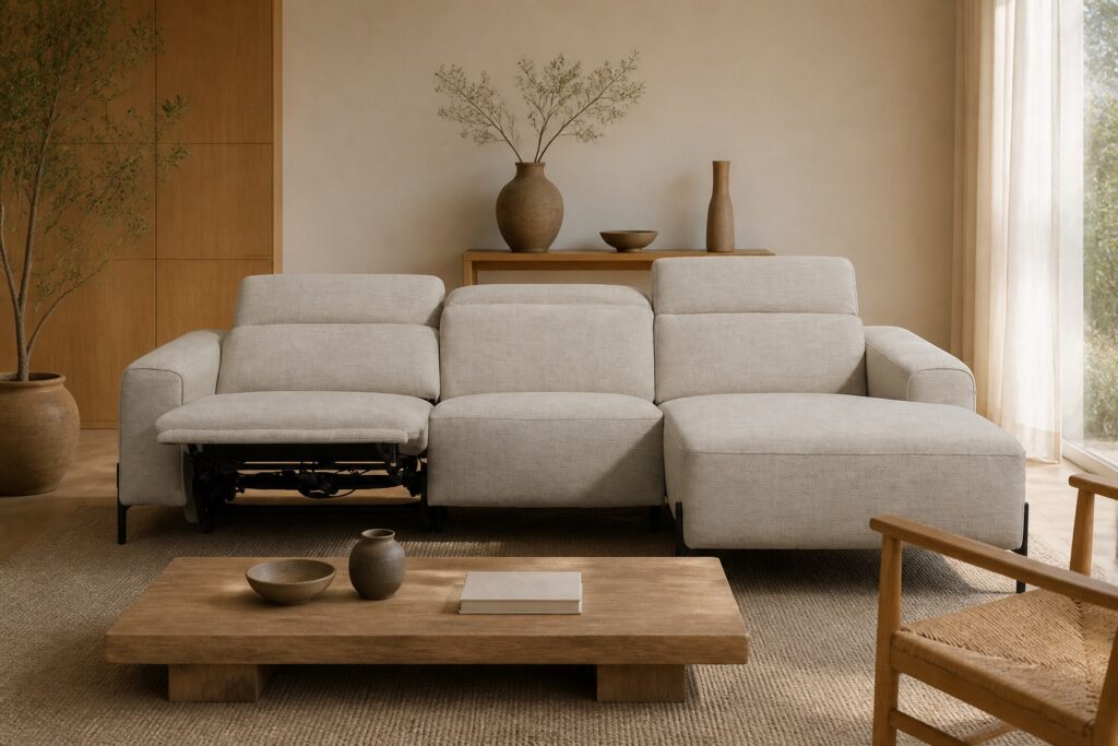 Hoekbank Dave elektrisch verstelbaar lichtgrijs in een japandi interieur: hoekbank in grijs
