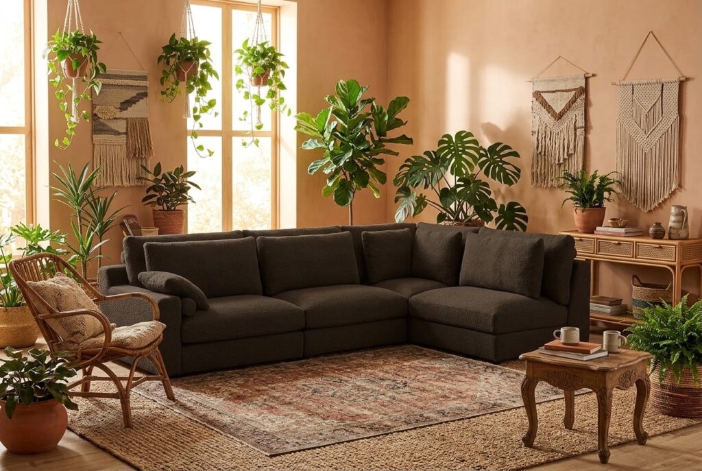 Hoekbank Odette groen in een bohemien interieur: hoekbank in groen