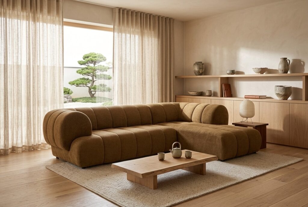 Hoekbank Weave geel in een japandi interieur: hoekbank in geel