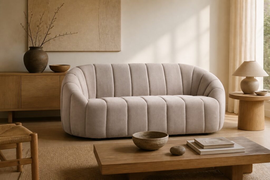 HUNDIGE 2-zitsbank beige in een japandi interieur: 2-zitsbank in beige
