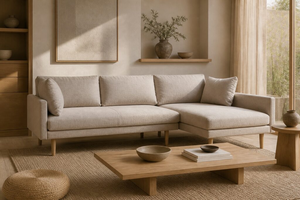 HVIDBJERG bank met chaise longue zand in een japandi interieur: chaise longue in beige